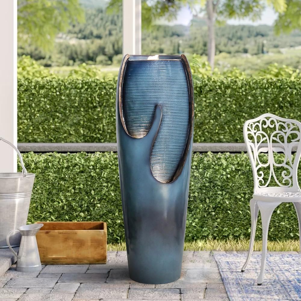 watnature 38.7'Tall Outdoor Water Fountains and Waterfalls - Indoor Water Urn Fountain, Modern Floor Standing Water Fountains with LED Lights and Pump for Garden, Patio, House Decor