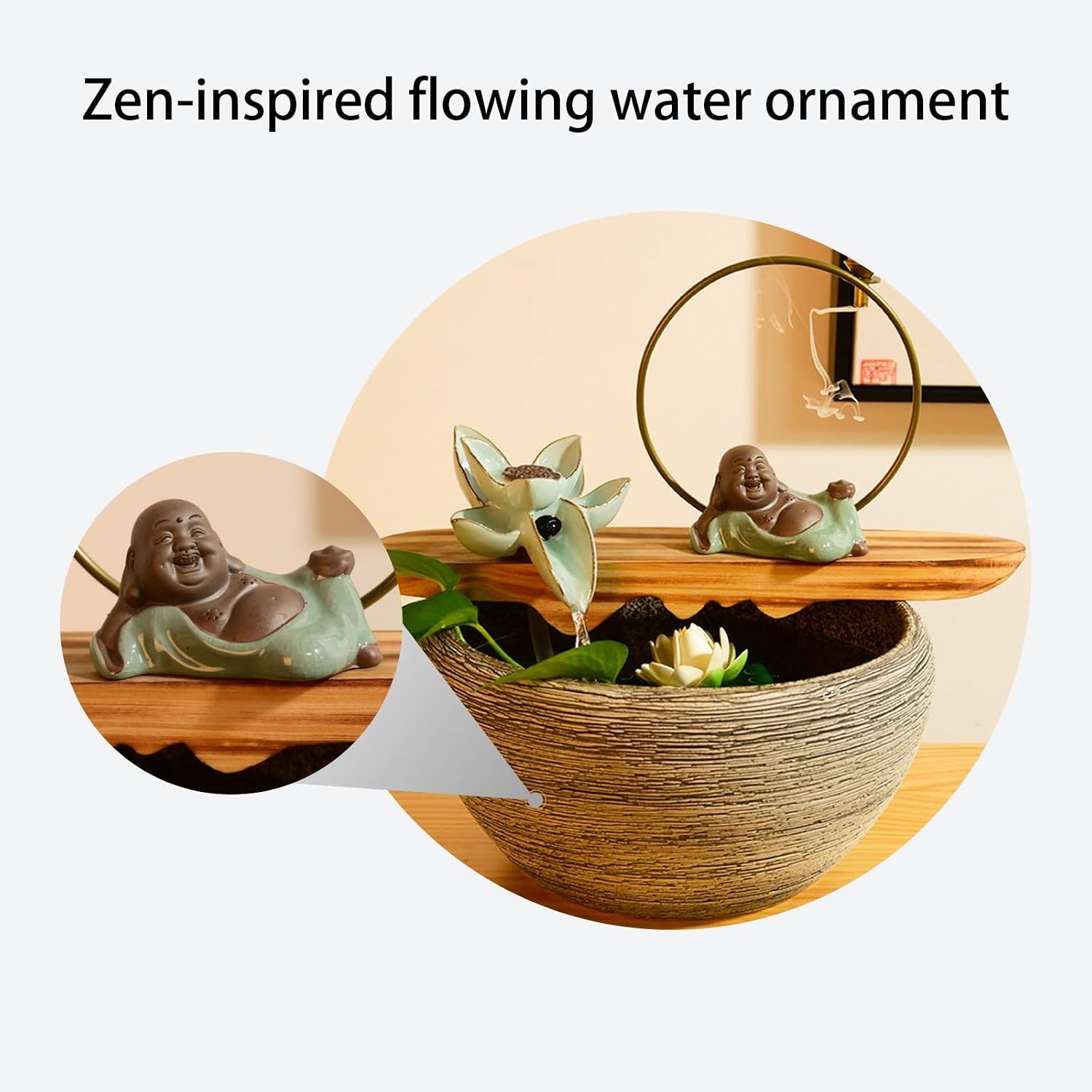 Tabletop Waterfall Fountain, Zen Meditation, Resin, Indoor Water Feature for Home, Office, Bedroom, Living Room, Space, Fengshui Decor(B,12.5 * 12.5 * 11.2in)
