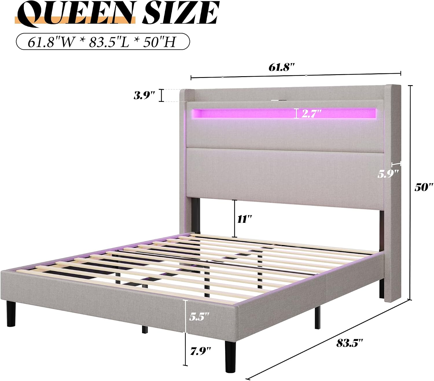 AMERLIFE Queen Bed Frame with LED Light & Wingback Headboard, Upholstered Platform Bed with USB & USB-C Ports, No Box Spring Needed/Noise Free/Light Grey