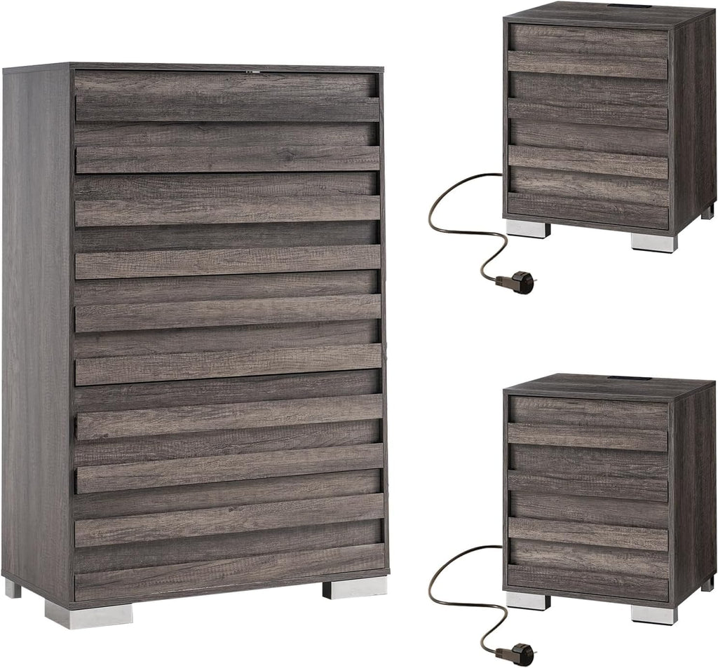 LUXOAK 3 Pcs Bedroom Furniture Set - Farmhouse 5 Drawer Dresser and Nightstand Sets of 2 with Charging Station, Slated Handles & Stainless Steel Feet, Rustic Grey