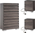 LUXOAK 3 Pcs Bedroom Furniture Set - Farmhouse 5 Drawer Dresser and Nightstand Sets of 2 with Charging Station, Slated Handles & Stainless Steel Feet, Rustic Grey