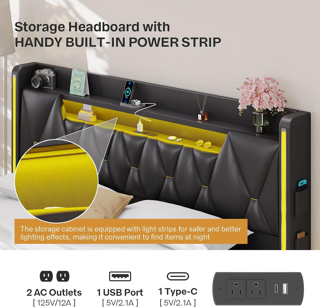 Dnxao King Size Floating Bed Frame with Storage Headboard, Tall 44' Upholstered Platform Bed with Charging Station, Dual-Zone LED Lights, No Box Spring Needed, PU Black