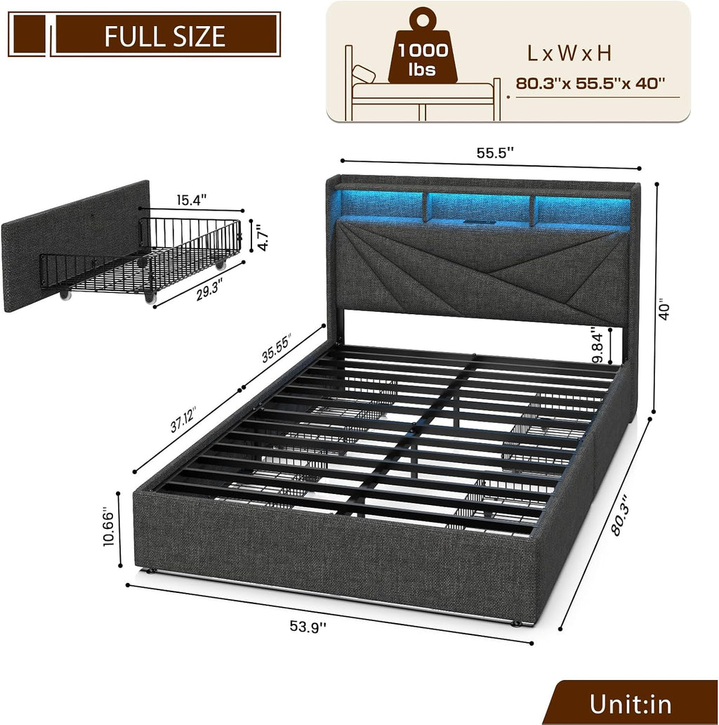 Driftalia LED Full Size Bed Frame with 4 Storage Drawers, Upholstered Full Bed Frame with 2-Tier Headboard and Charging Station, No Box Spring Needed, Easy to Assembly - Black Grey