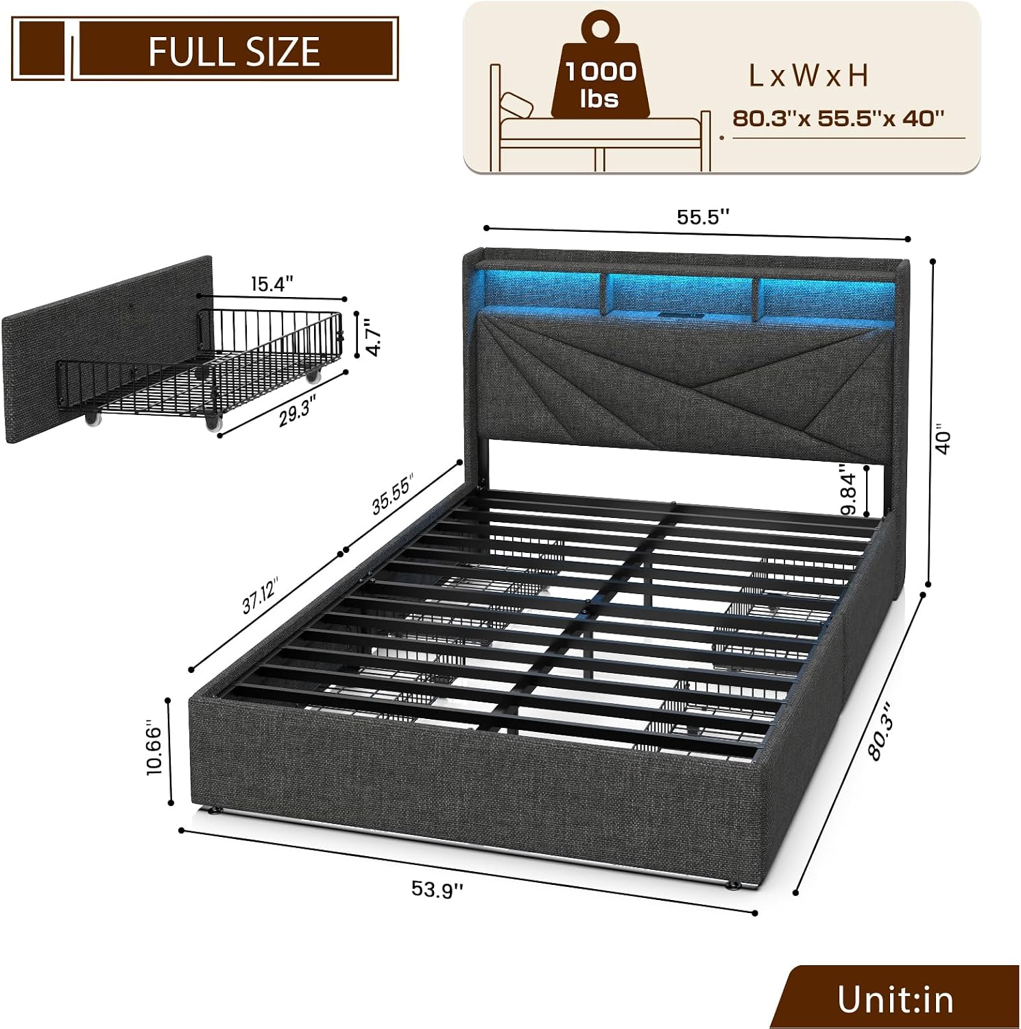 Driftalia LED Full Size Bed Frame with 4 Storage Drawers, Upholstered Full Bed Frame with 2-Tier Headboard and Charging Station, No Box Spring Needed, Easy to Assembly - Black Grey