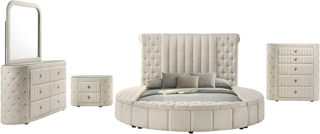 Coaster Home Furnishings - Sonya - Wood - 5-Piece Bedroom Set with Round Bed, Scroll-Back Headboard, USB Ports and Modern Classic Style - Bedroom - Queen Size - Ivory - 360111Q-S5