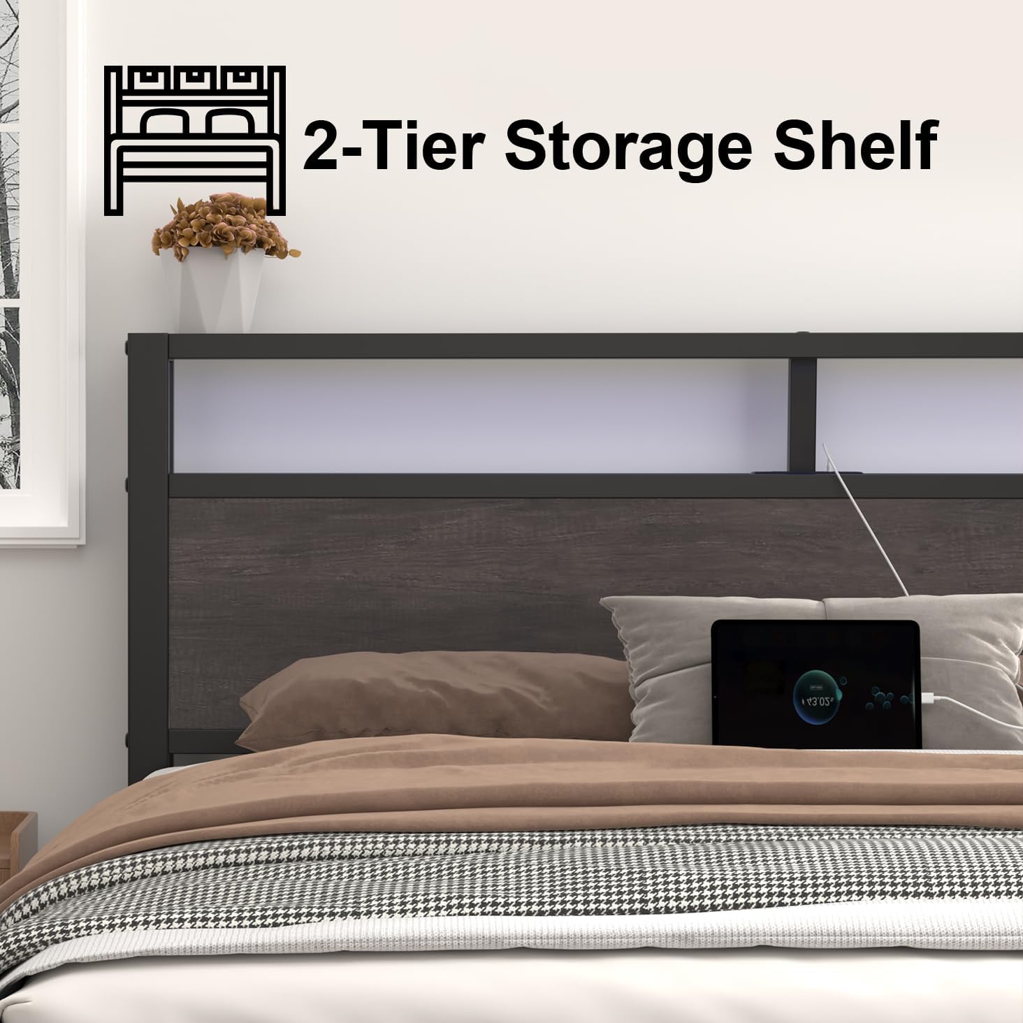 LoVinson King Size Bed Frame with Charging Station and LED Light, Metal Platform Bed with Storage Headboard, Noise Free, No Box Spring Needed, Easy Assembly, Grey