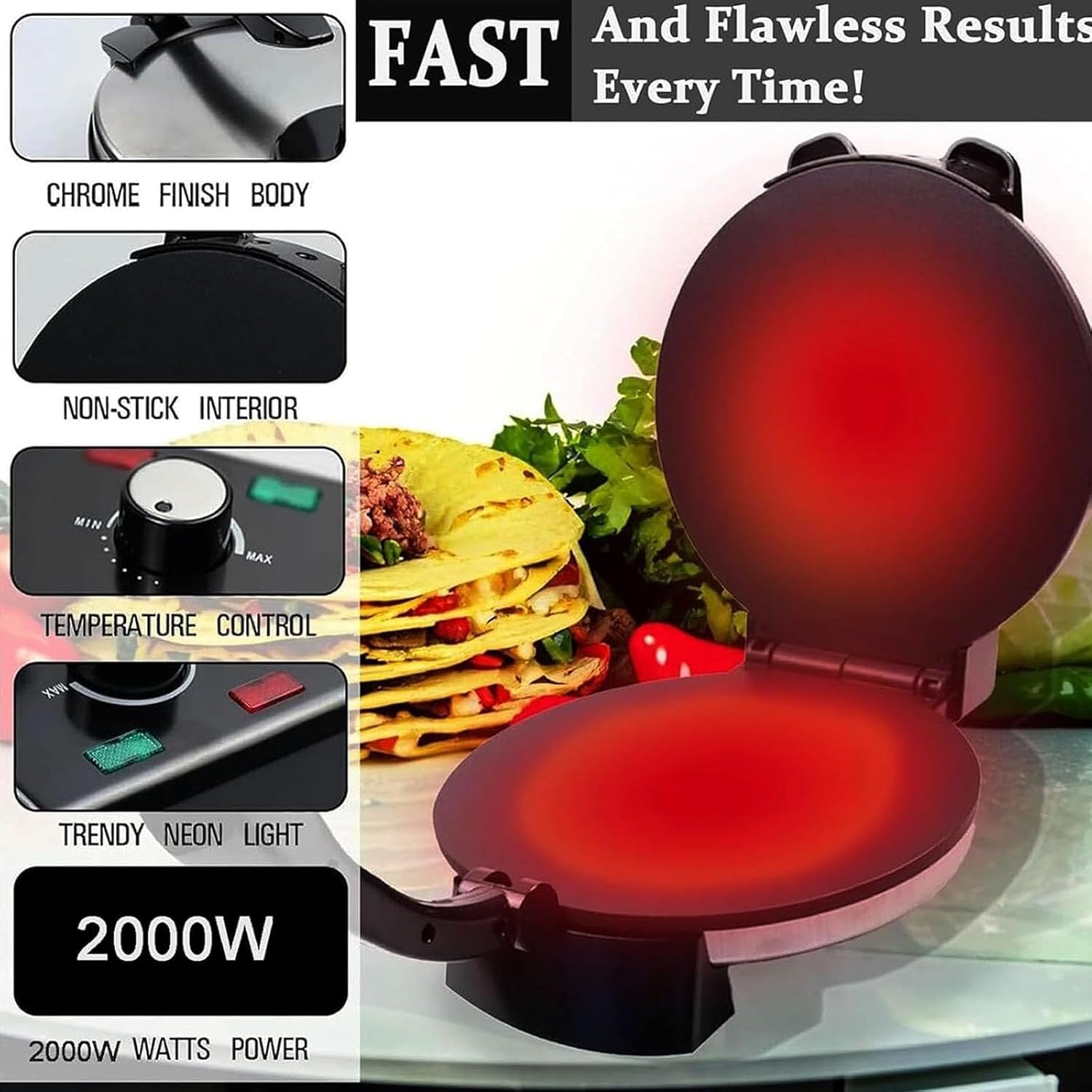 2100W Electric Roti Maker, 10-Inch Non-Stick Chapati & Tortilla Machine with Adjustable Temperature, Double-Sided Heating for Pizza, Pita, Quesadillas & Mor