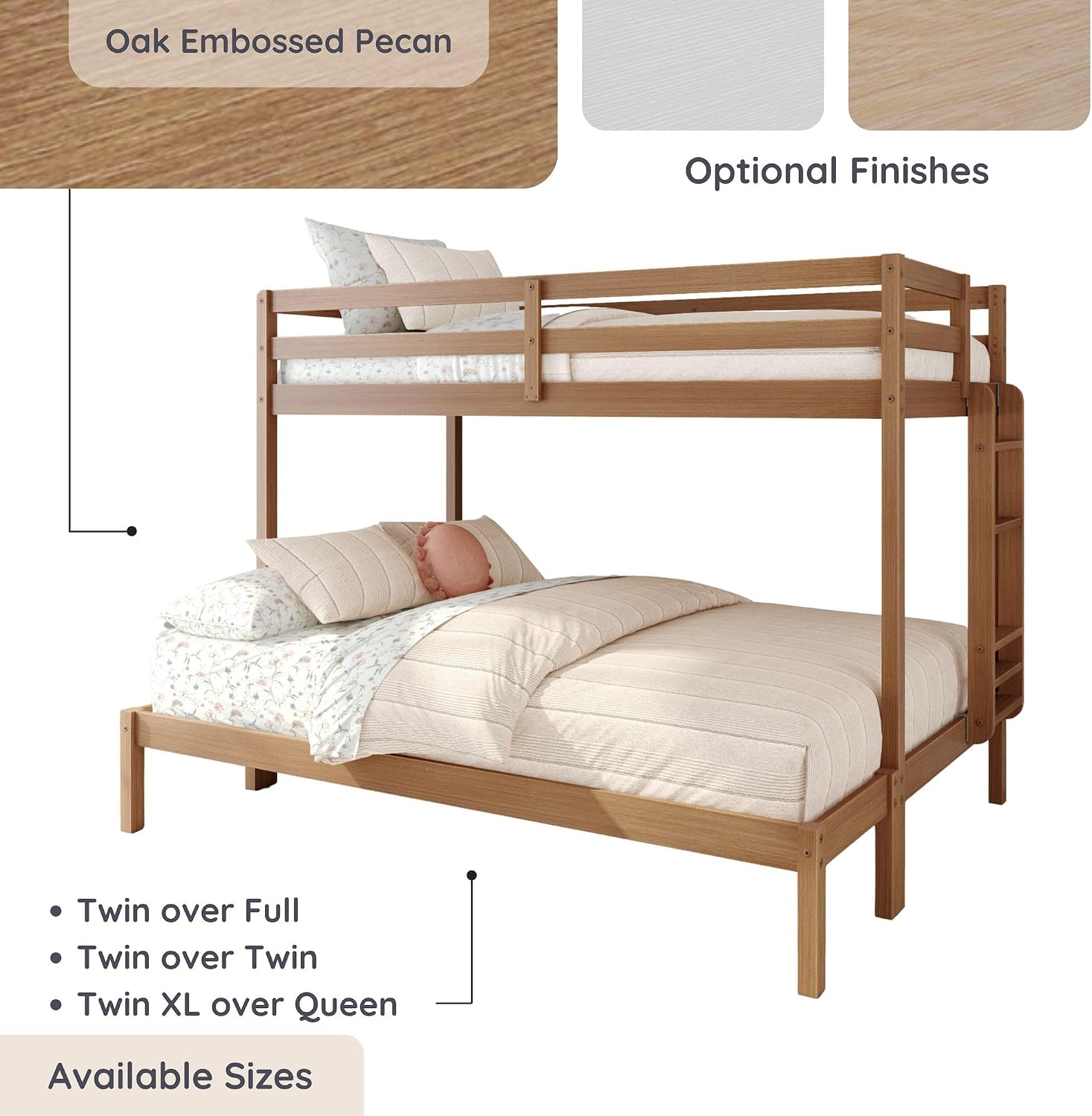 Grain & Grove Bear Twin XL Over Queen Bunk Bed, Sturdy Bunk Bed Frame for Kids, Plywood Bunk with Ladder, Guardrail, and Slats, No Box Spring Required, Oak Embossed Pecan