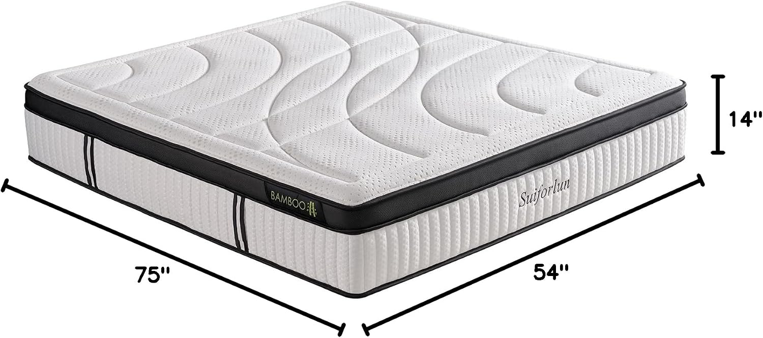 Suiforlun Full Size Mattress, 14 Inch Gel Memory Foam Hybrid Full Mattress in a Box with Pocket Springs, Euro Top Luxury 7 Premium Layers, Cooling Comfort & Pain Relief, Medium-Firm