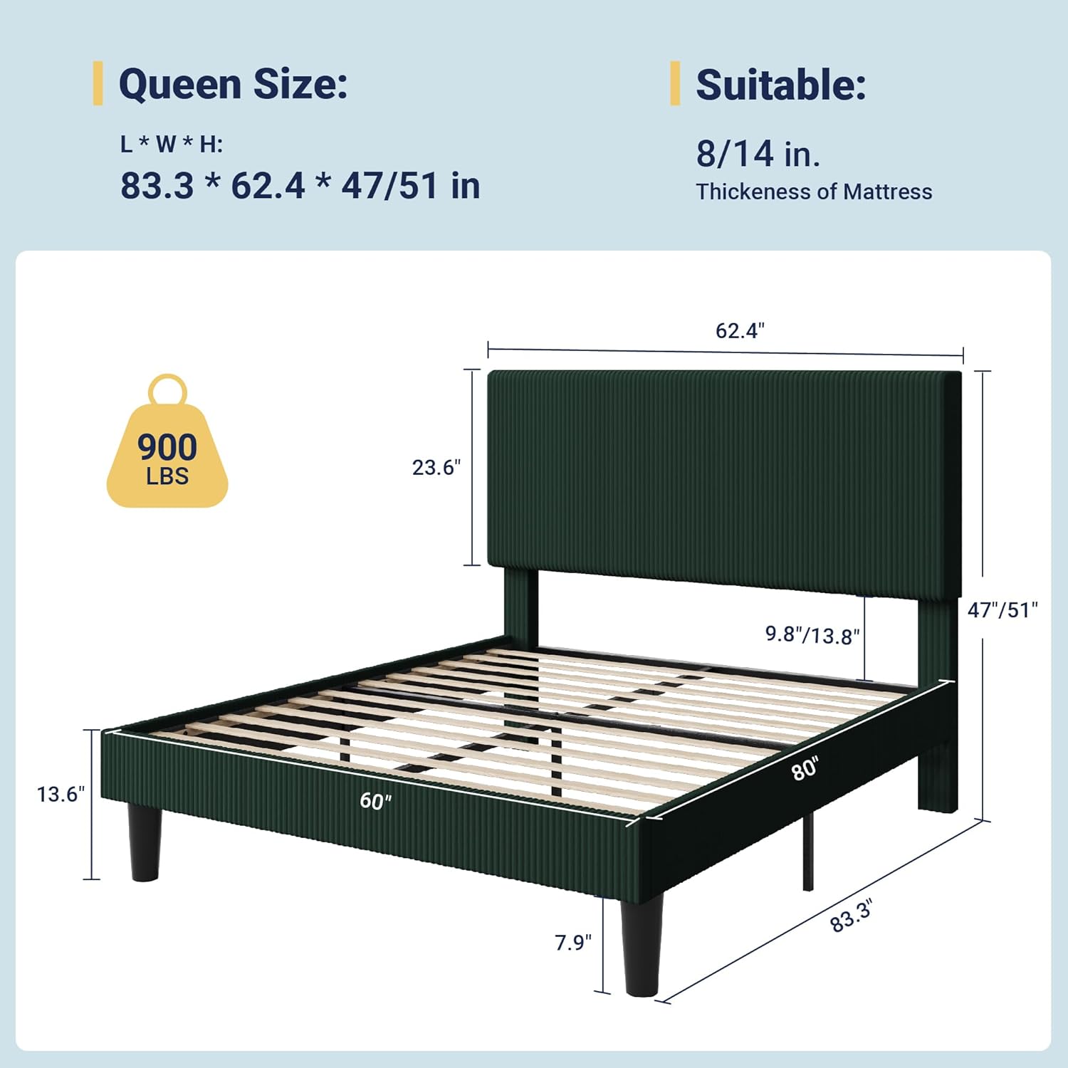 Allewie Queen Size Upholstered Bed Frame with Vertical Channel Tufted Headboard, Soft Corduroy Fabric Platform Bed, Strong Wooden Slats Support, Easy Assembly, No Box Spring Needed, Dark Green