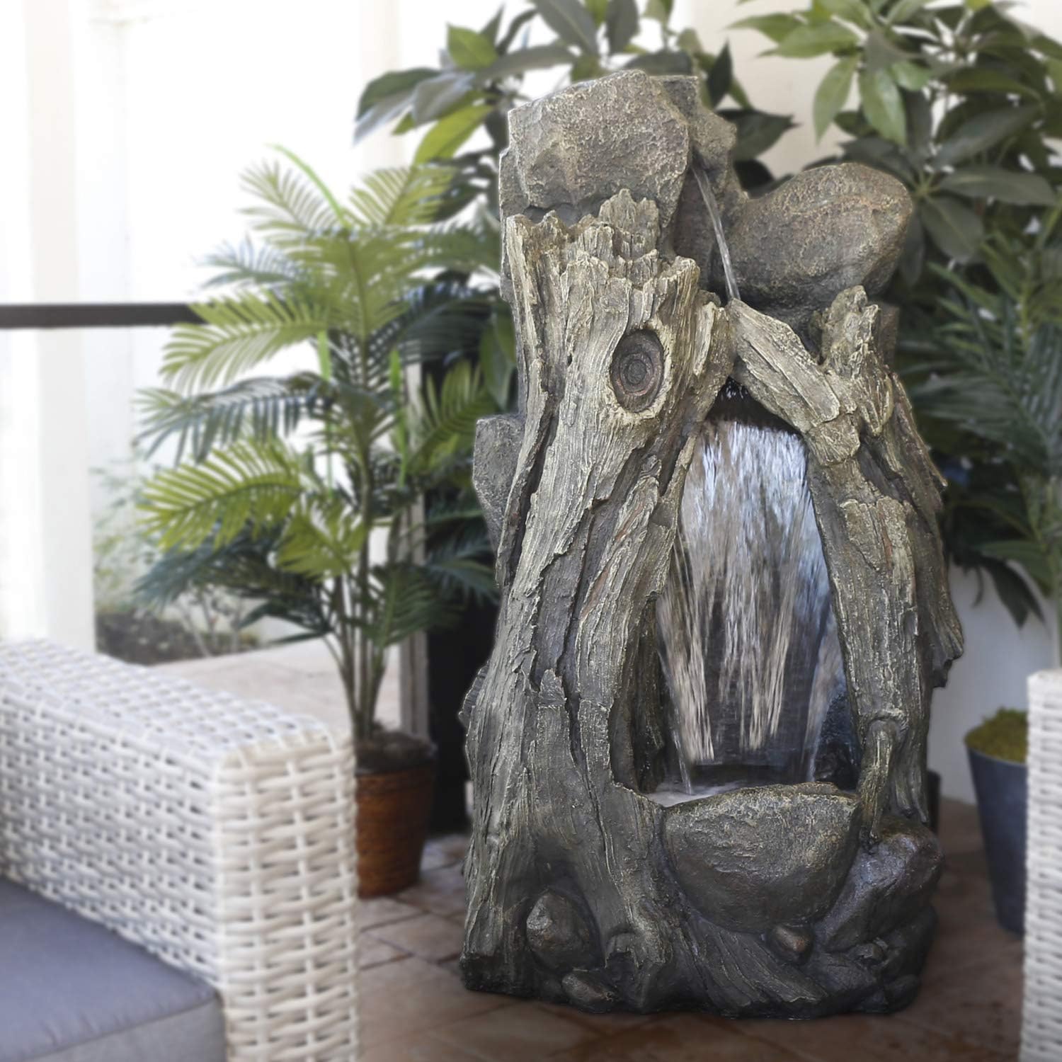 Alpine Corporation WIN270 52' Outdoor Rainforest Waterfall Tree Trunk Fountain with LED Lights, Cascading Water Feature for Garden, Patio, Backyard & Landscape Décor, Rustic, Brown
