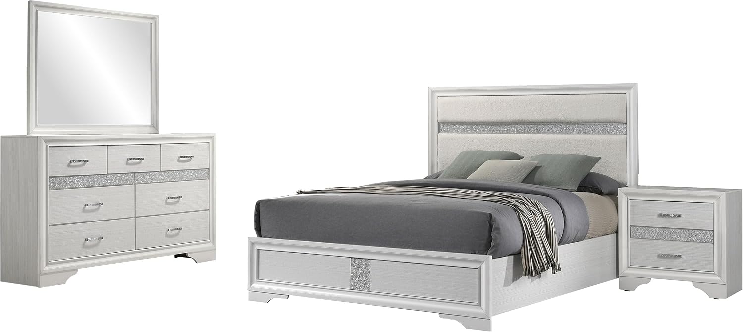 Coaster Home Furnishings Miranda Contemporary 4-Piece Bedroom Set Fabric Upholstered Queen Size Panel Bed Frame 54-inch Headboard White 205110Q-S4