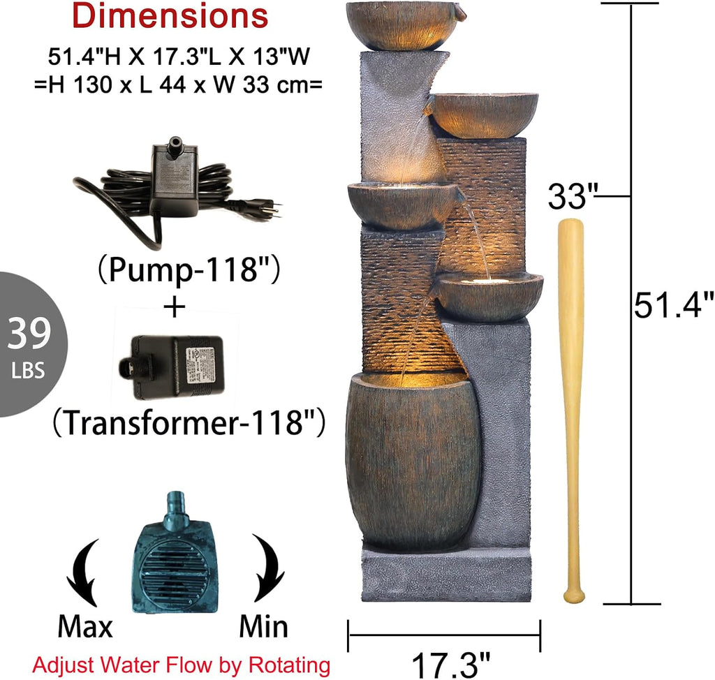 Bumilgar 51.4' H Outdoor Garden Water Fountain for Garden, Patio, Backyard, Deck, Porch and Home Art Decor, 5 Tiers Modern Cascading Large Outdoor Fountain with Lights