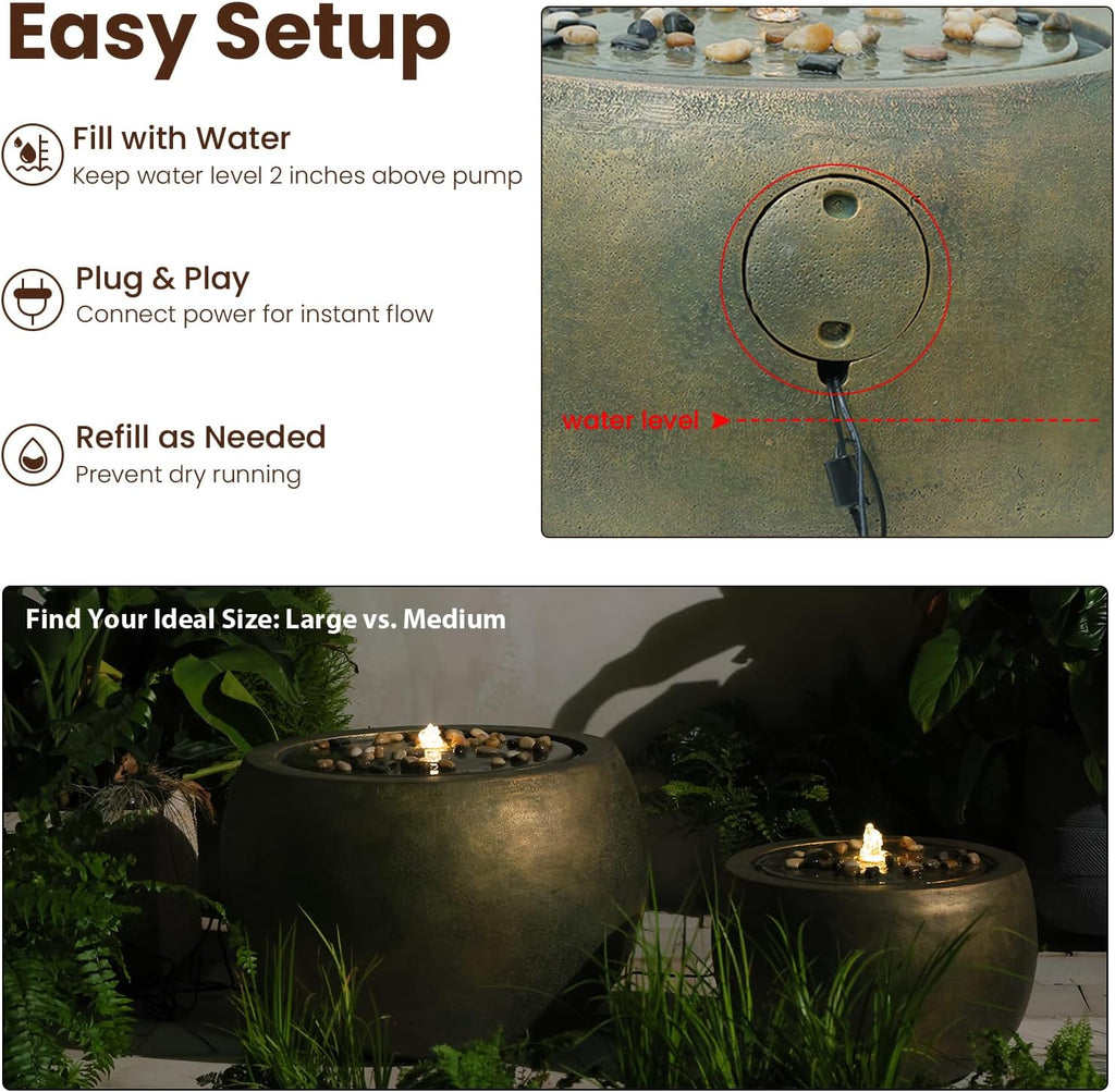 Tankana Garden Water Fountain Outdoor Bubbler Water Feature Indoor with Lights & Pump and Pebbles Waterfall Fountains Concrete Effect for Patio Deck Yard Home Decor Gold, 18 'L x 18' W x 11.5' H