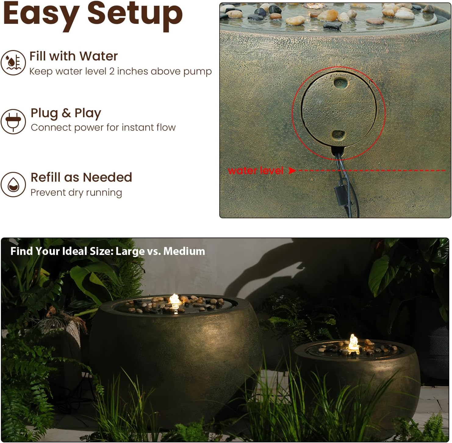 Tankana Garden Water Fountain Outdoor Bubbler Water Feature Indoor with Lights & Pump and Pebbles Waterfall Fountains Concrete Effect for Patio Deck Yard Home Decor Gold, 18 'L x 18' W x 11.5' H