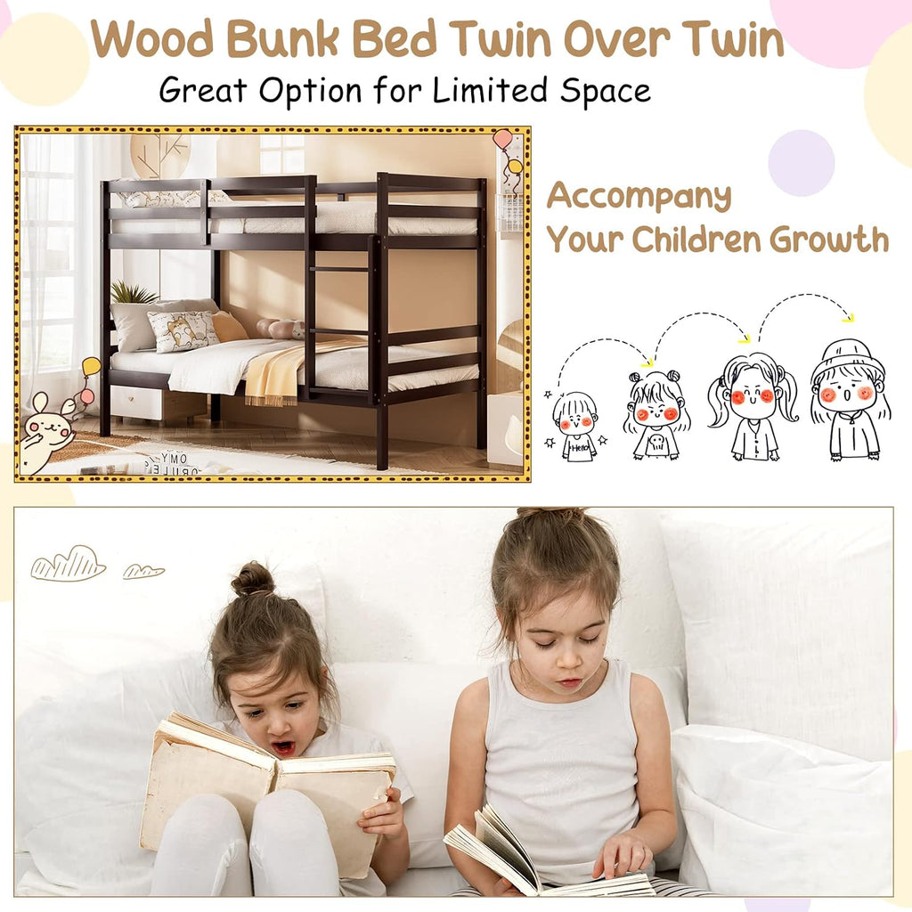 KOMFOTT Wood Bunk Bed Twin Over Twin, Bunk Bed with Ladder & Safety Guardrail, Solid Wood Bed Frame, Ideal for Dormitory & Multiple-Child Family, No Box Spring Needed, Kids Twin Bed