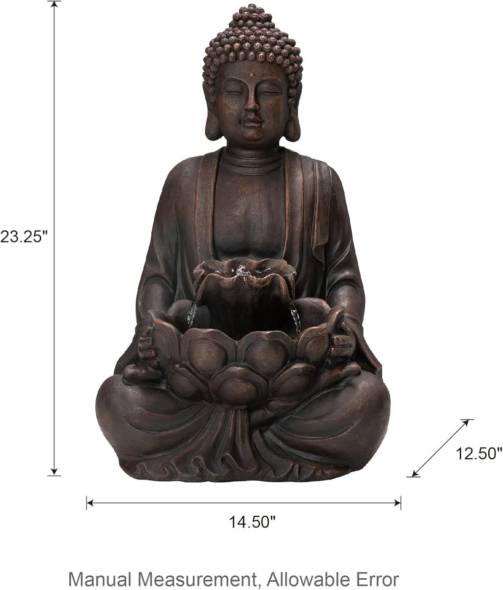 Glitzhome Zen Style Meditating Buddha Statue Fountain Polyresin Outdoor Decoration with Pump and LED Light, 23.25' H
