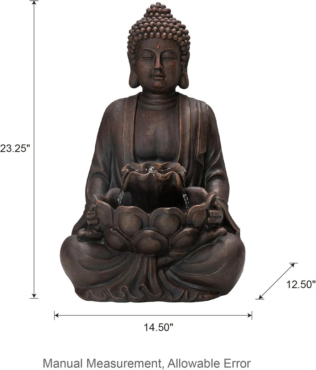 Glitzhome 24' H Zen Style Meditating Buddha Water Fountain Statue with Pump and LED Light, 2 Tier Waterfalls Resin Indoor Outdoor Floor Fountain for Garden Patio Backyard Decking