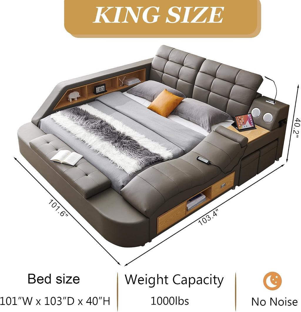 Multifunctional King Bed Frame, Gray Luxury Smart Bed Frames with Massage Chaise Lounge on Right, Modern Bed with Bluetooth Speakers & USB Charging Station for Bedroom