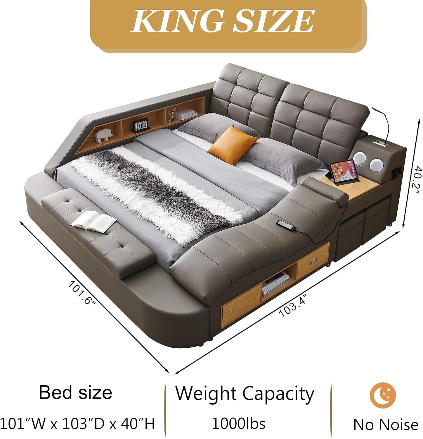 Multifunctional King Bed Frame, Gray Luxury Smart Bed Frames with Massage Chaise Lounge on Right, Modern Bed with Bluetooth Speakers & USB Charging Station for Bedroom