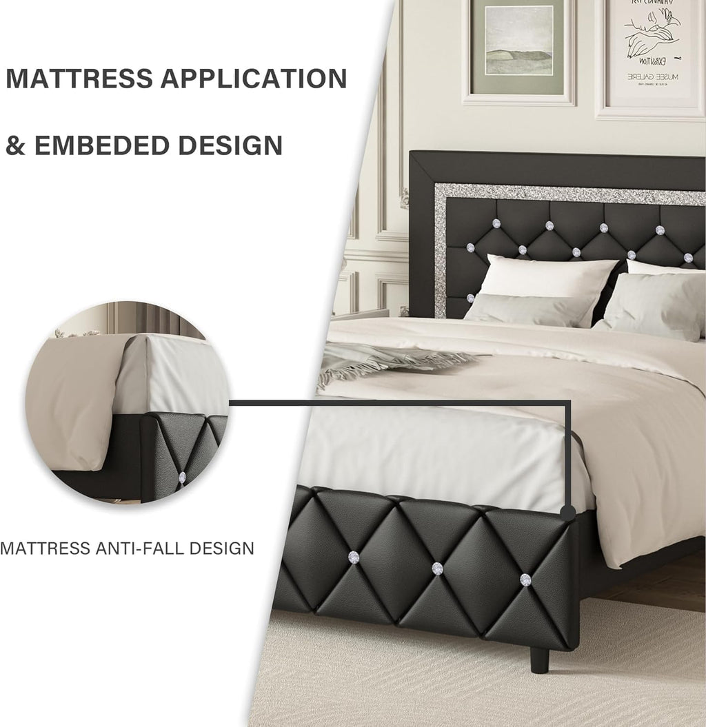 BarnFurin King Size Bed Frame and Headboard, Faux Leather Upholstered Bed with Diamond Tufted Design, Modern Platform Bed Frame with Wooden Slats Support, No Box Spring Required, Easy Assembly, Black