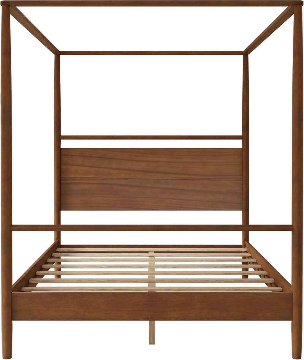 Queen Size Canopy Bed Frame with Headboard, Four-Poster Wood Platform Bed, No Box Spring Needed ﻿(Queen)