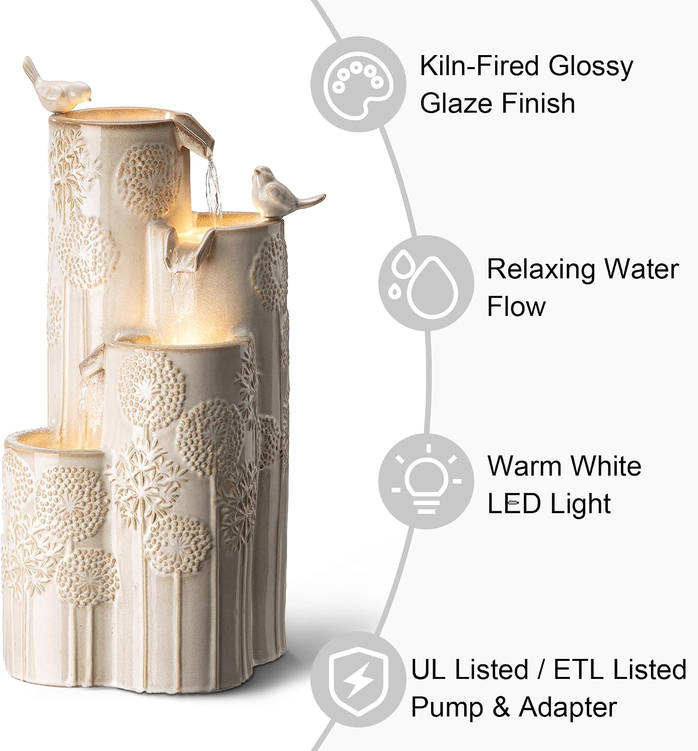 Glitzhome Water Fountain Outdoor with LED Lights, 4-Tier Vase Shaped Ceramic Outdoor Fountain, Dandelion Glaze Water Fountains Feature for Garden Backyard Patio, Sand Beige, 31.7'H