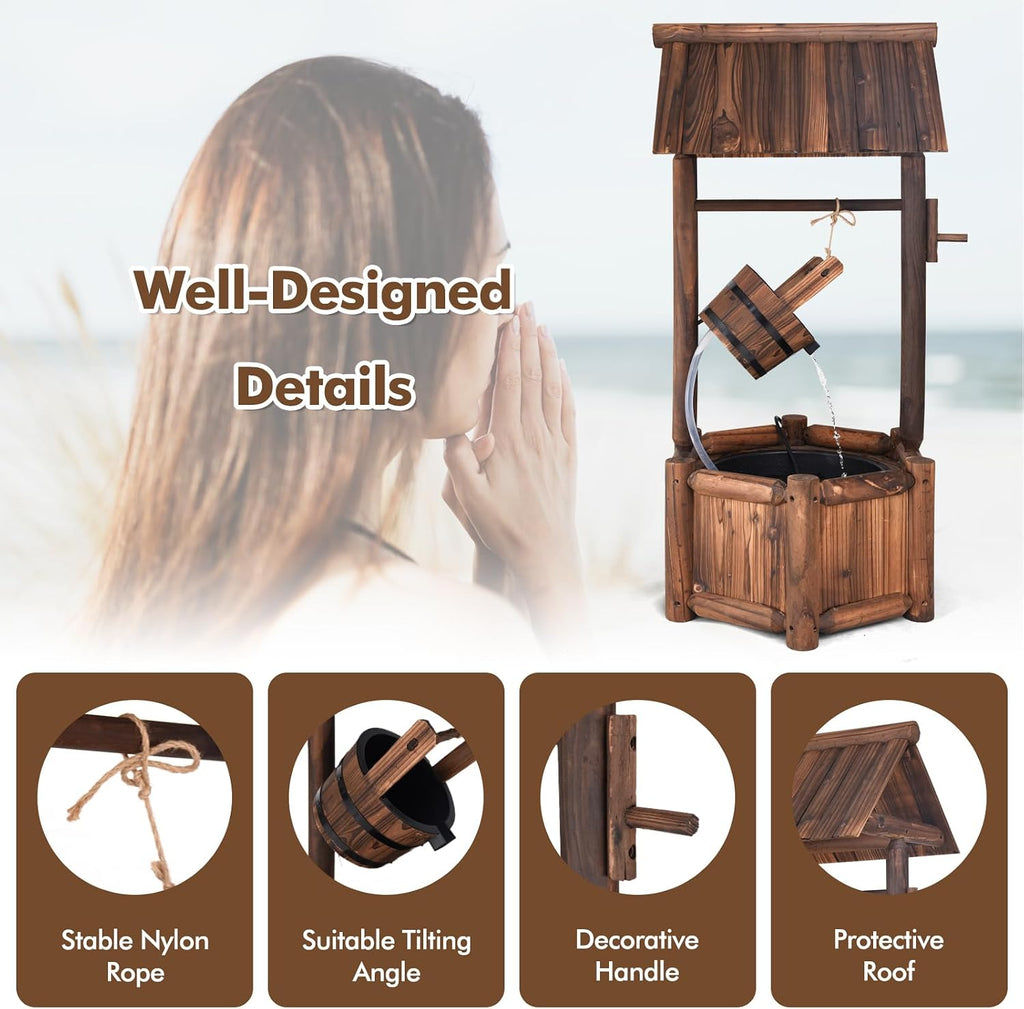 Tangkula Outdoor Wishing Well Water Fountain, Old-Fashioned Wood Waterfall Fountain w/Bucket Pump, Rustic Farmhouse Decoration for Garden, Backyard, 46 Inch Tall (20' x 23' x 46')