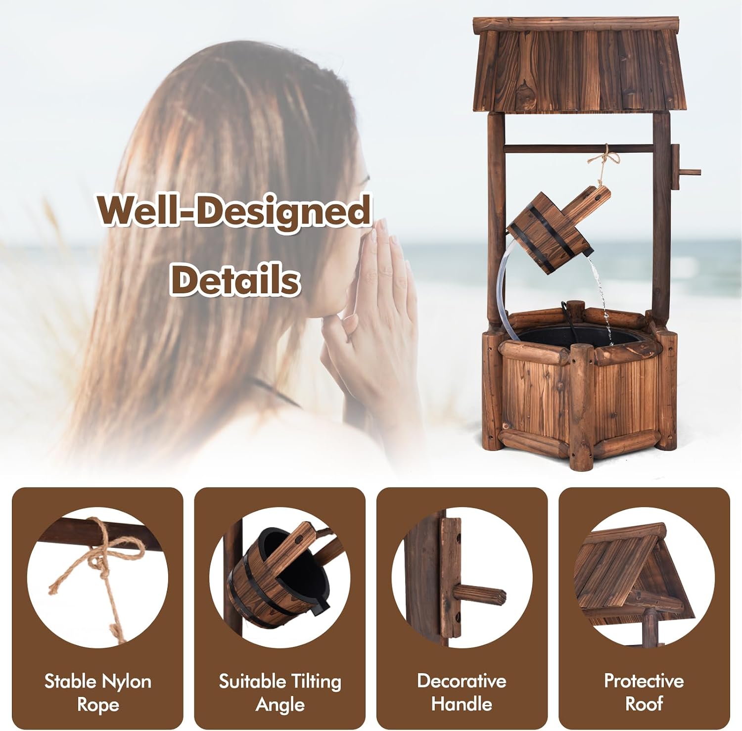 Tangkula Outdoor Wishing Well Water Fountain, Old-Fashioned Wood Waterfall Fountain w/Bucket Pump, Rustic Farmhouse Decoration for Garden, Backyard, 46 Inch Tall (20' x 23' x 46')