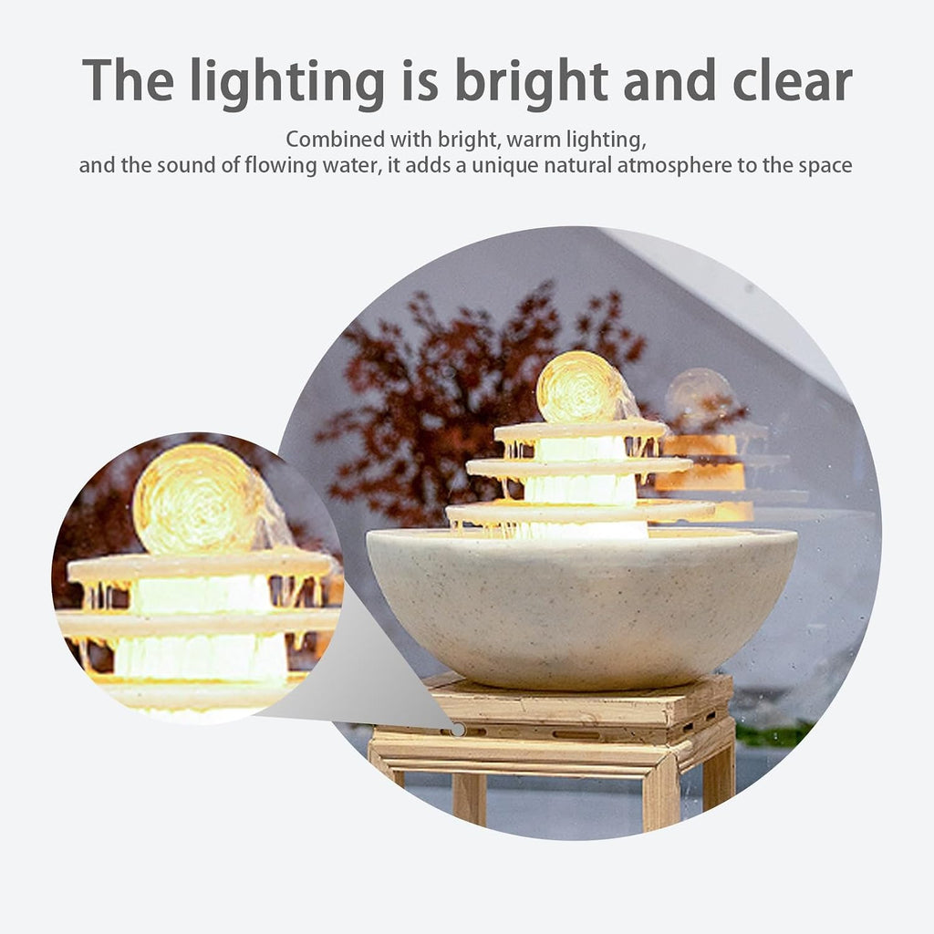 Tabletop Fountain, Indoor Waterfall with LED Lights, Relaxing Polyresin Desktop, Office Living Room Bedroom Decor(White)