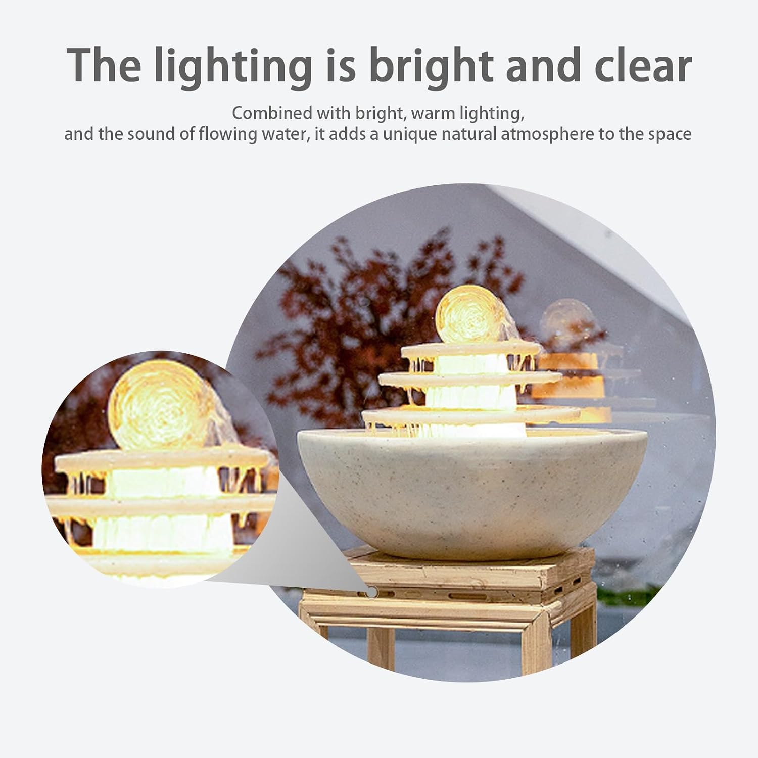 Tabletop Fountain, Indoor Waterfall with LED Lights, Relaxing Polyresin Desktop, Office Living Room Bedroom Decor(White)