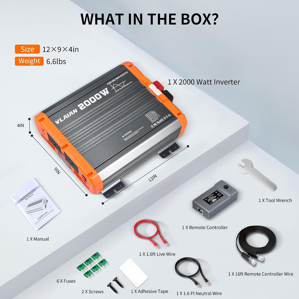 2000W Pure Sine Wave Inverter,12V DC to 110V AC Power Inverter for Vehicles RV,Truck,Car,Solar Off-Grid Converter with 2 AC Outlet,27W Type-C,5V 3A USB-A,Hardwire Port，16ft Remote Controller