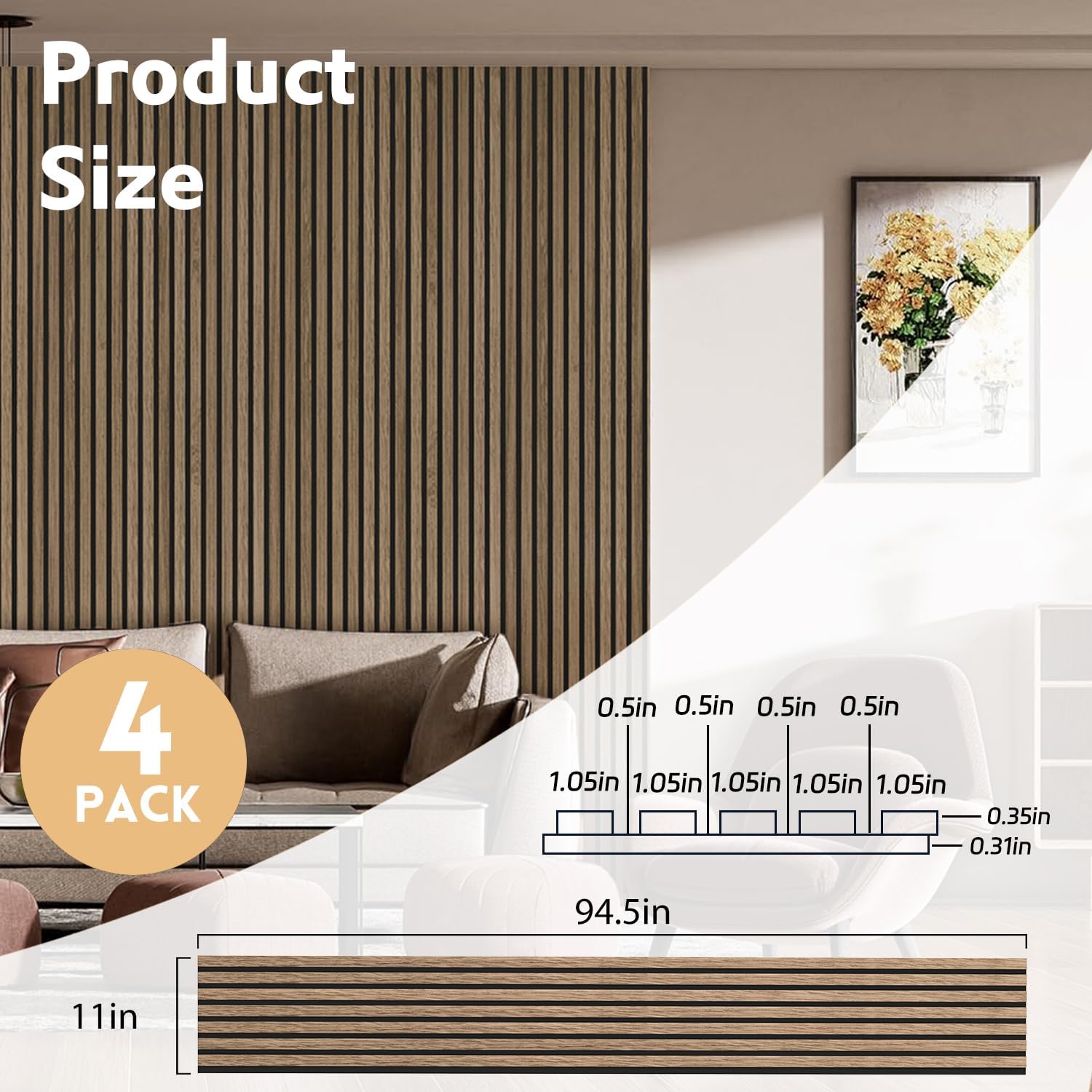 RITOLLO 4-Piece Wood Slat Panels for Wall 94.5'×11' Acoustic Panels for Interior Wall Decor 3D Fluted Sound Absorbing Panel - Natural Walnut