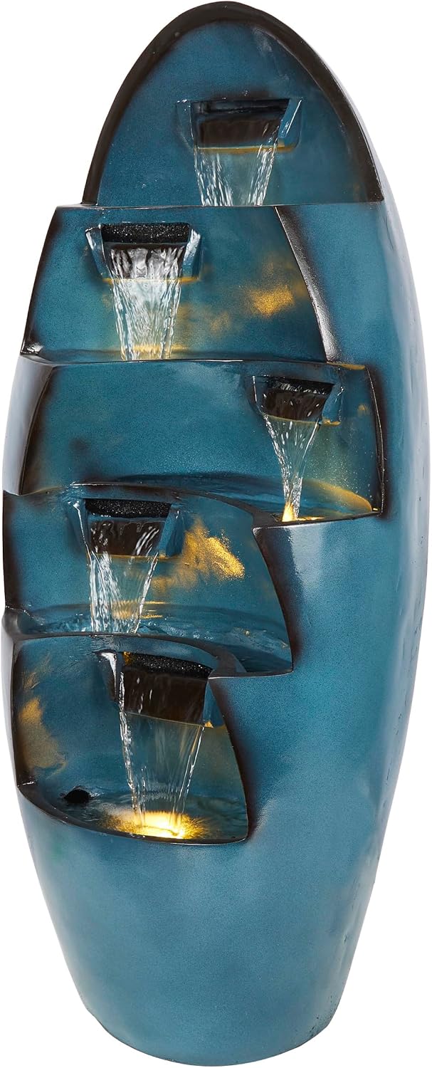 Alpine Corporation 39' Tall 5-Tier Cascading Waterfall Fountain with LED Lights, Outdoor Water Feature for Garden, Patio, Yard, and Deck, Blue