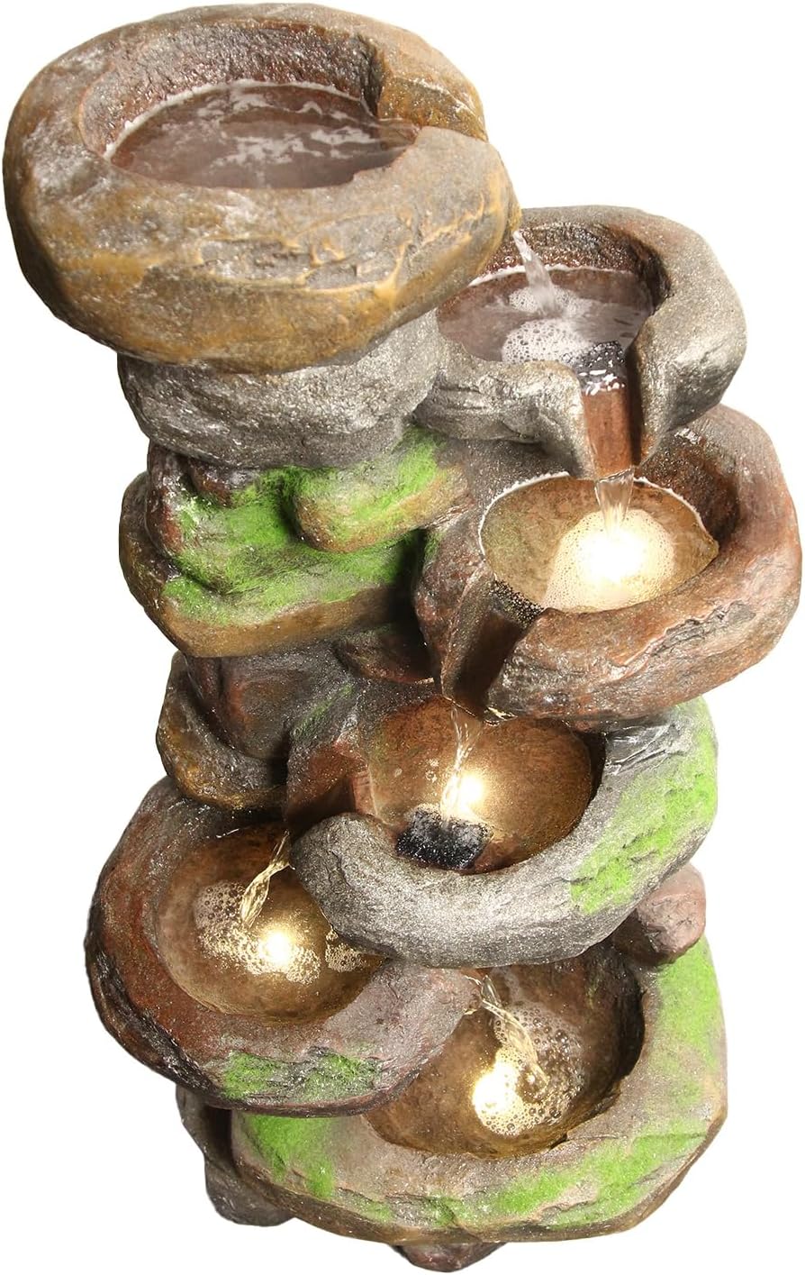 YZM 37.4' H 6-Tiers Cascading Rock Outdoor Water Fountain with LED Lights Outdoor Fountains and Waterfalls for Garden Patio Yard Deck Decor with Natural Stone Look