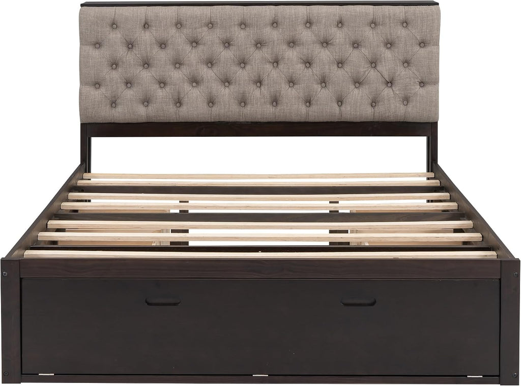 Harper & Bright Designs Queen Size Bed with Storage Upholstery Headboard, Shoe Rack and 4 Drawers, Wood Platform Bed Frame for Kids Teens Adults (Espresso)
