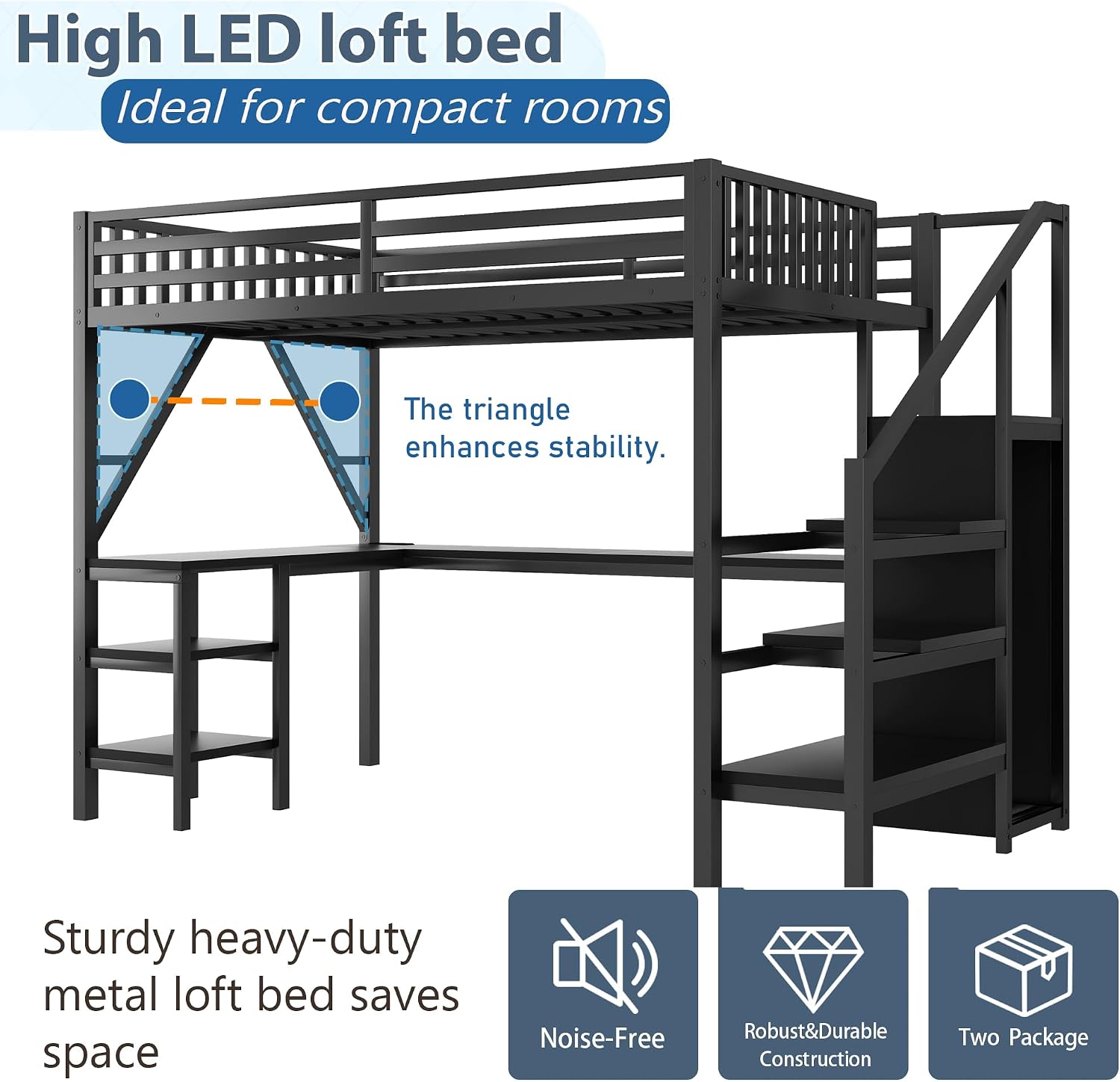 Queen Size Loft Bed with Stairs and Desk, Gaming Loft Beds with RGB LED Light and Storage Shelf, Heavy-duty Metal Loft Bed Frame with Wardrobe, Charging Station for Adults Kids Teens, Black