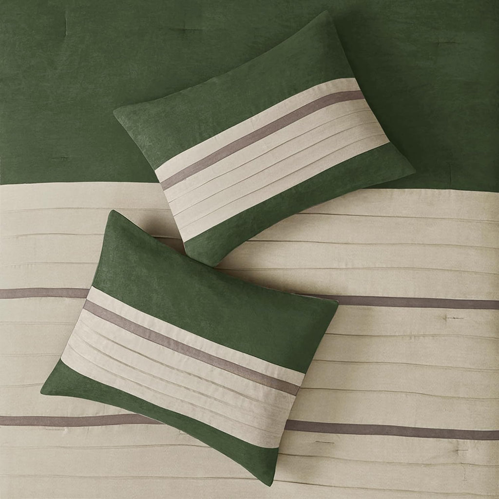 Madison Park Cozy Comforter Set-Luxury Faux Suede Design, Striped Accent, All Season Down Alternative Bedding, Matching Shams, Decorative Pillow, Green, California King (104 in x 92 in)