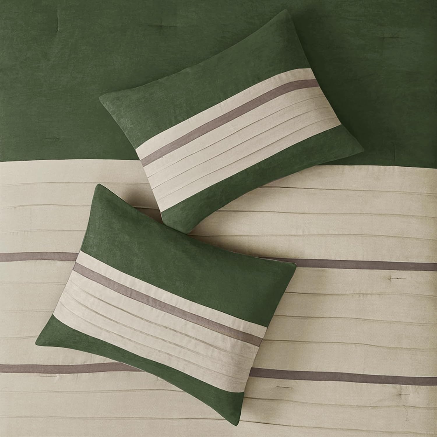 Madison Park Cozy Comforter Set-Luxury Faux Suede Design, Striped Accent, All Season Down Alternative Bedding, Matching Shams, Decorative Pillow, Green, California King (104 in x 92 in)