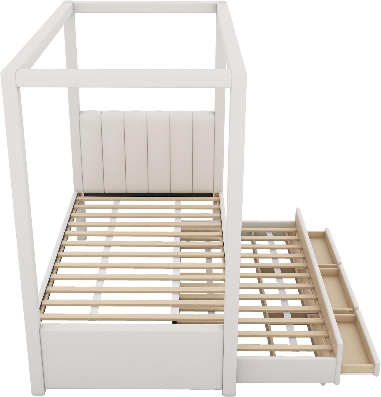 Harper & Bright Designs Twin Size Upholstery Canopy Platform Bed Frame for Boys Girls Kids Adults Toddler with Trundle and Three Storage Drawers, Beige