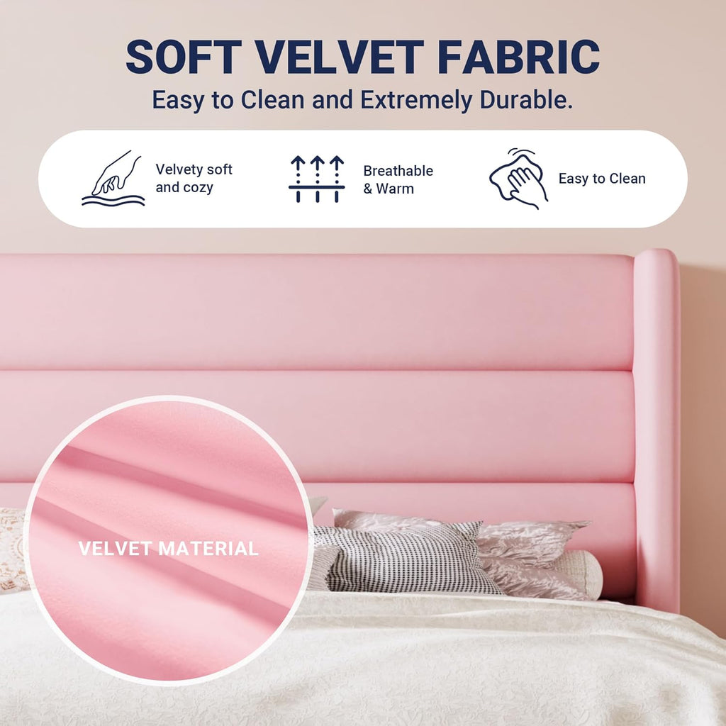 Allewie Full Size Platform Bed Frame with Velvet Upholstered Wingback Headboard, No Box Spring Needed, Under Bed Storage Space, Strong Wooden Slats, Modern Mattress Foundation, Easy Assembly, Pink