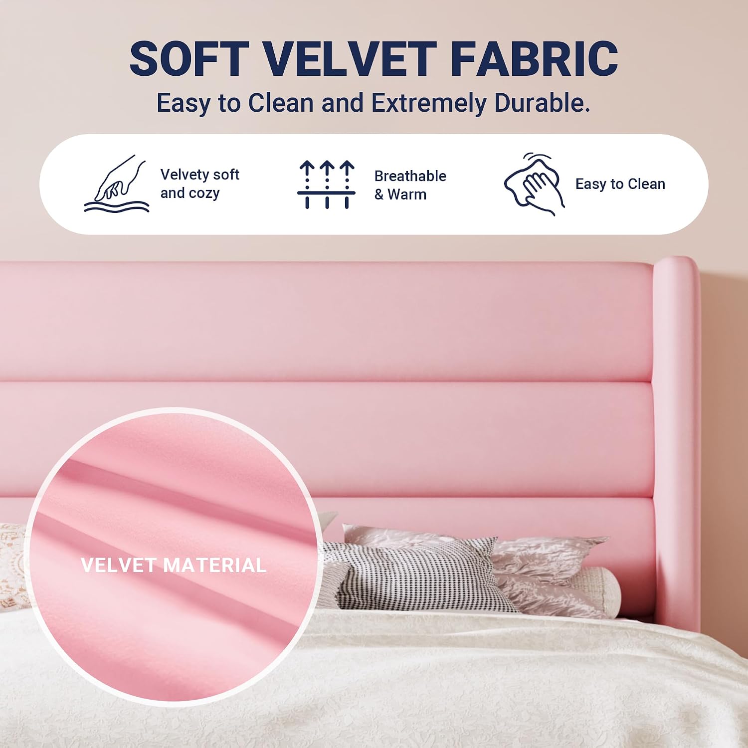 Allewie King Size Platform Bed Frame with Velvet Upholstered Wingback Headboard, No Box Spring Needed, Under Bed Storage Space, Strong Wooden Slats, Modern Mattress Foundation, Easy Assembly, Pink