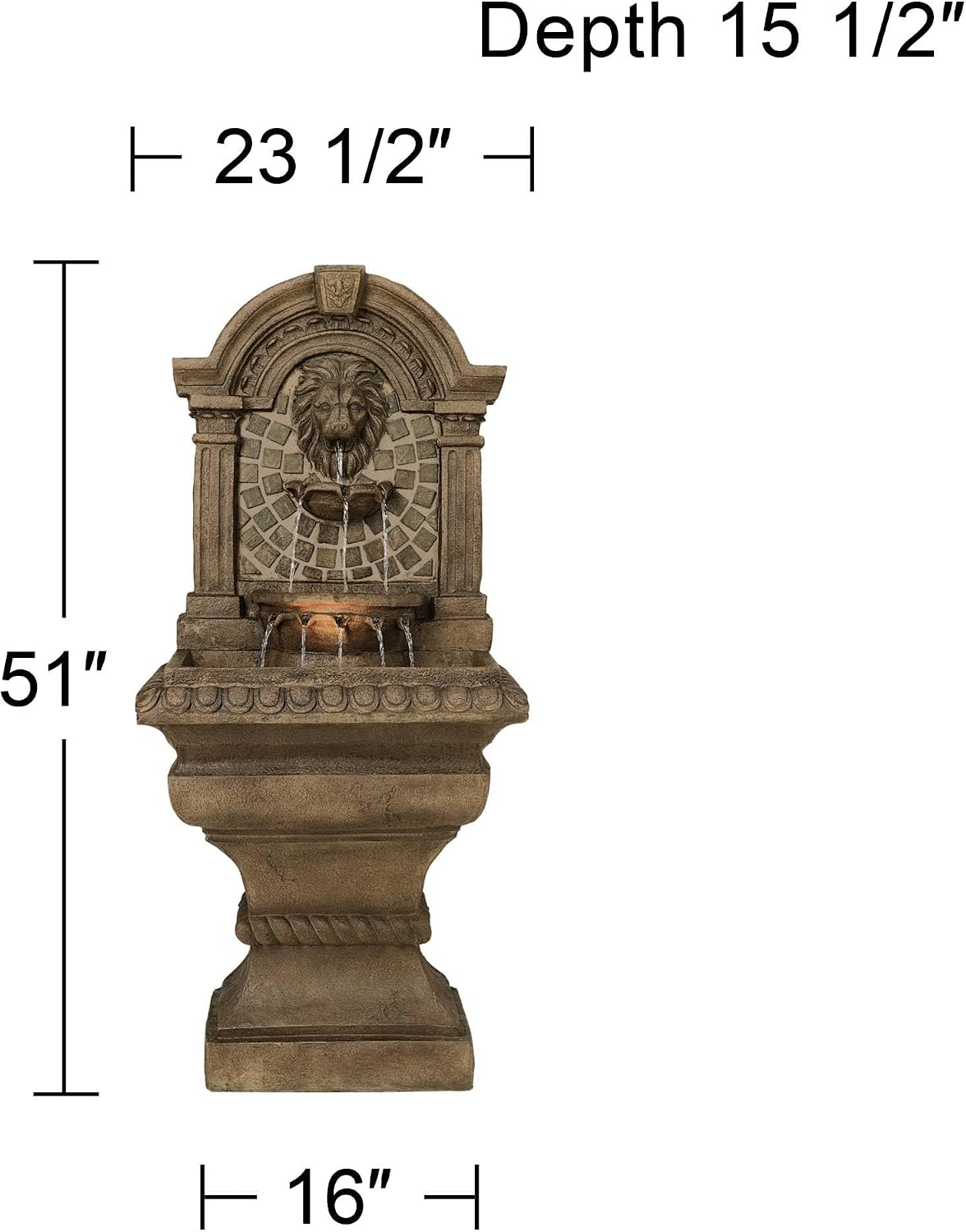 Royal Lions Head 51' High Large Italian Outdoor Decor Faux Stone Floor Fountain with Light Statue Waterfall Standing Tiered Water Feature for Outside Garden Patio Yard Backyard Porch - John Timberland