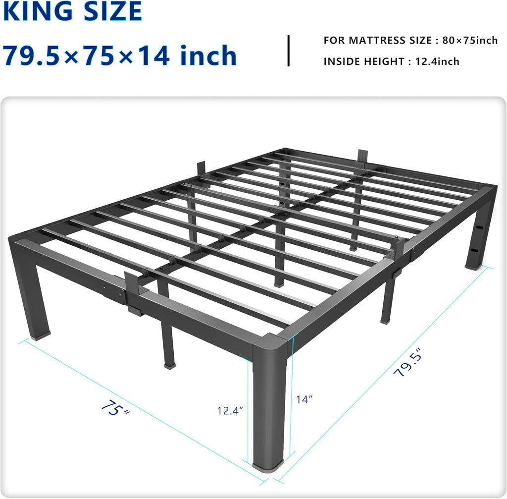 yookare King Platform Bed Frame,14' Heavy Duty Metal Mattress Foundation, Rounded Safety Corners & Recessed Legs,Mattress Retainers,Easy Assembly,Noise Free Steel Slat Support,No Box Spring Needed
