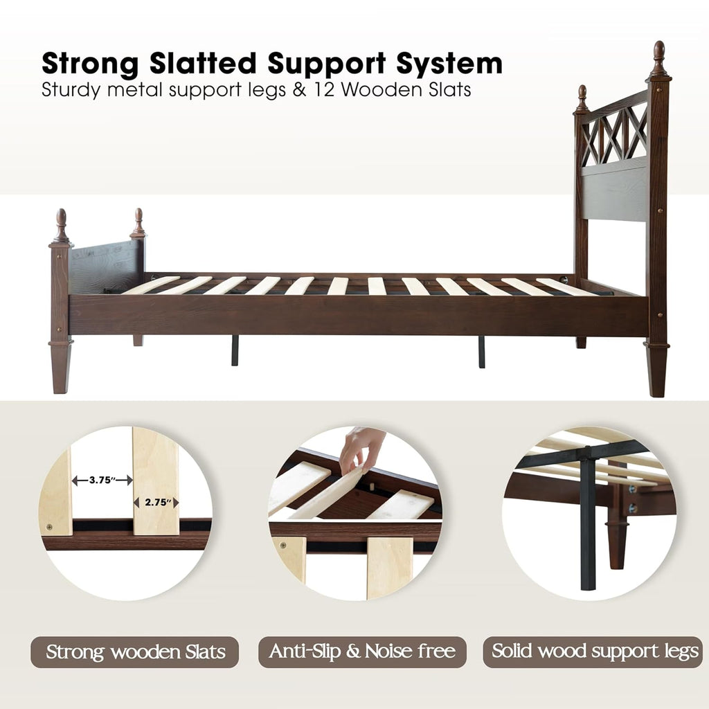 Queen Size Bed Frame with Headboard & Footboard, Solid Wood Platform Bed, Central Metal Legs, 12 Sturdy Slatted Base, Noise-Free & Anti-Slip, No Box Spring Needed, Dark Roast Oak Finish RIQ-32
