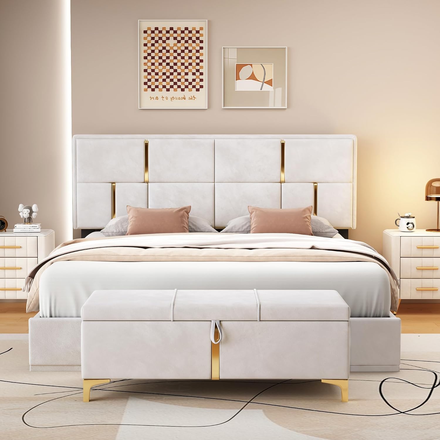 2 Pieces Bedroom Sets, Queen Size Velvet Upholstered Platform Bed with Hydraulic Storage System and Gold Decoration, Storage Ottoman with Metal Legs, Modern Design (Beige)