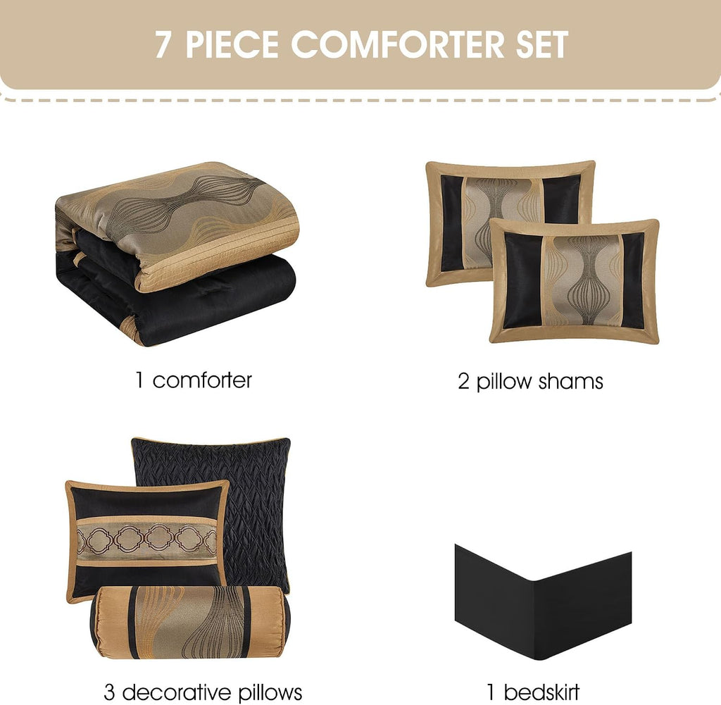 Grand Avenue Elegant Black and Gold Comforter Set,Striped, 7 Pieces Jacquard Bedding Sets with Comforter for All Season, Bed Skirt, Pillows & Shams, Queen Size, Lightweight Microfiber