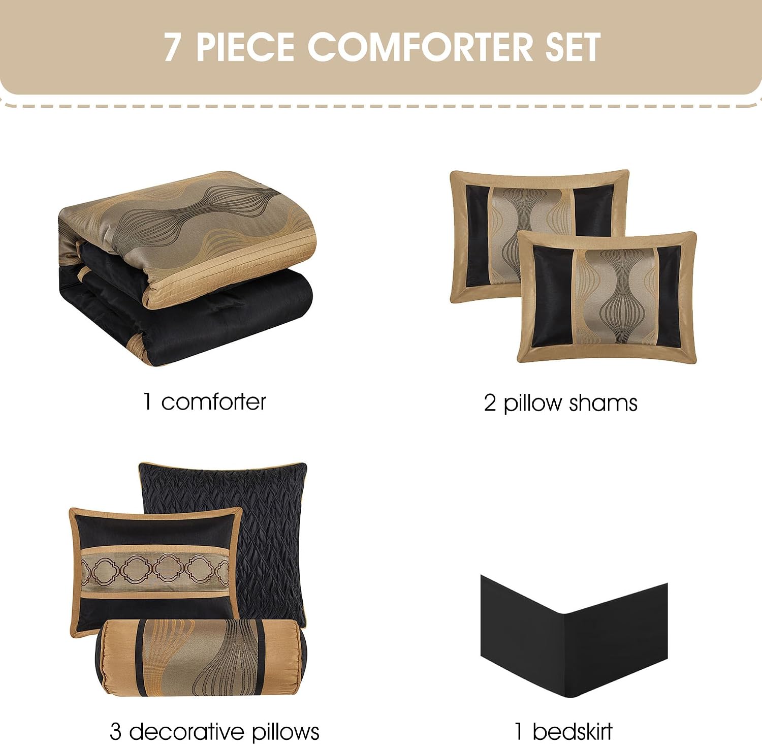 Grand Avenue Elegant Black and Gold Comforter Set,Striped, 7 Pieces Jacquard Bedding Sets with Comforter for All Season, Bed Skirt, Pillows & Shams, Queen Size, Lightweight Microfiber
