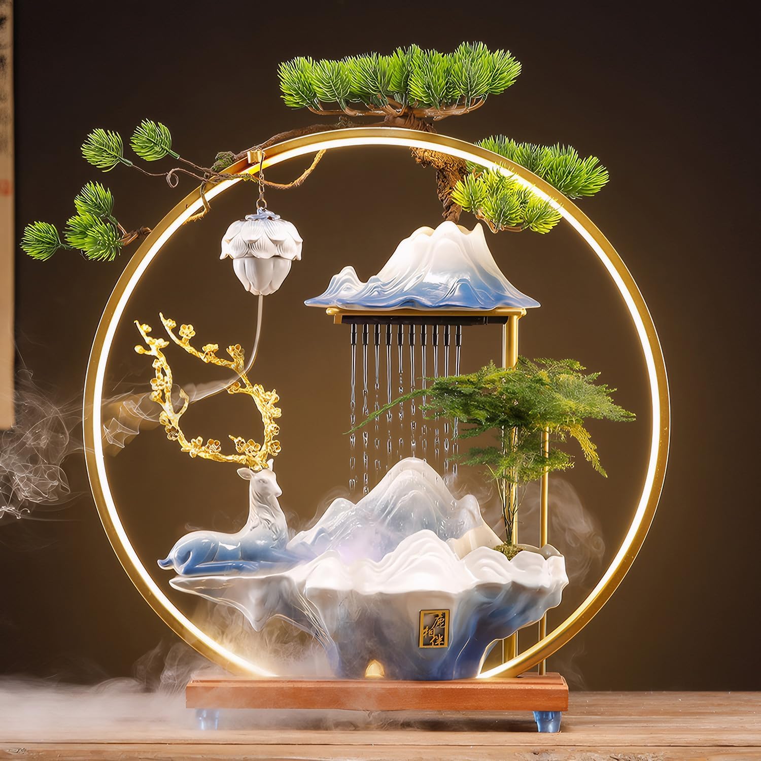 Desk Waterfall Fountain Indoor Ceramic Deer Sculpture,Tabletop Mini Water Fountain with Mist，Adjustable LED Light Ring and Backflow Incense Burner Holder(PQLU001)