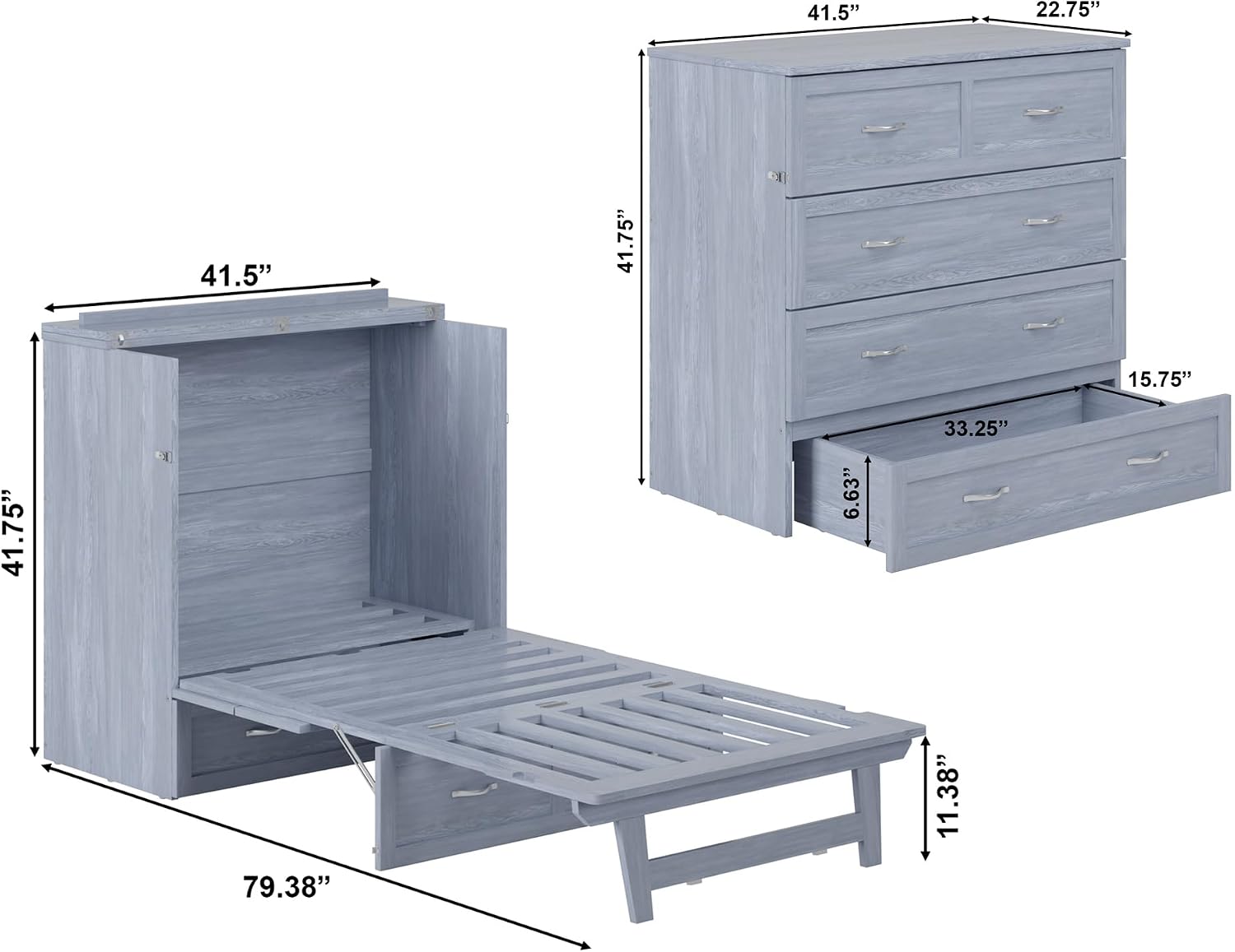 AFI, Northfield Murphy Bed Chest Twin XL with 6' Mattress, Storage Drawer & Built-in USB Charger, Driftwood